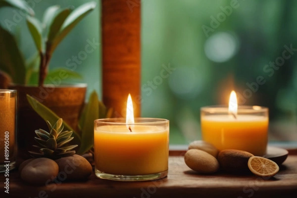 Fototapeta A peaceful and relaxing atmosphere with burning candles on a dark background. Relaxing evening in a cozy Thai resort. Suitable for spa and beauty themes.