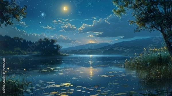 Fototapeta Capture the serene beauty of a starlit night over a tranquil lake, with moonlight shimmering on the waters surface, creating a dreamy, ethereal ambiance