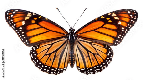 Fototapeta Monarch Butterfly: A detailed image of a Monarch butterfly with its distinctive orange and black wings fully spread, showcasing its elegant pattern and structure, isolated on white background