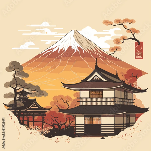 Obraz Japanese House with Mount Fuji Background Vector File. Unique and cool design. Generated AI Results - Artificial Intelligence