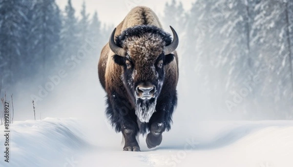 Fototapeta Bison thick fur covered with frost and snow, Bison walks in extreme winter weather, standing above snow with a view of the frost mountains