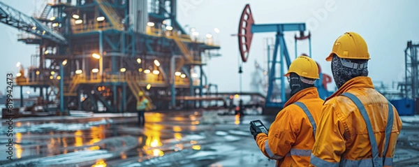 Fototapeta Workers in yellow safety gear overseeing operations at oil drilling site. Industrial equipment and wet ground in background