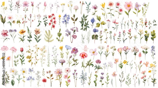 Fototapeta Set of watercolor wildflowers painting isolated on clear png background and transparent background. Fresh and nature concept for nature decorative and flower element, AI generative.	
