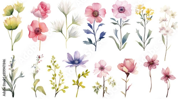 Fototapeta Set of watercolor wildflowers painting isolated on clear png background and transparent background. Fresh and nature concept for nature decorative and flower element, AI generative.	