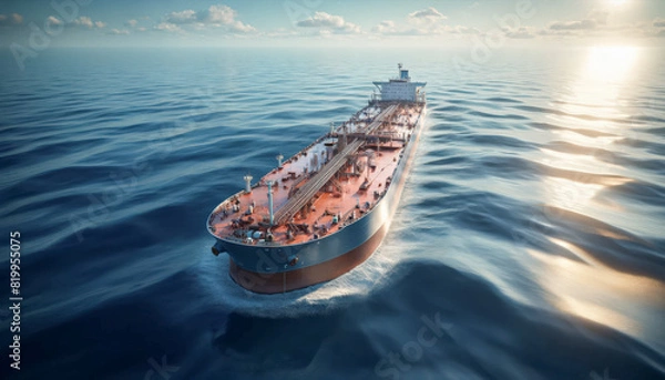 Fototapeta Oil Tanker in the Open Sea at Sunset, Created with Generative AI Technology