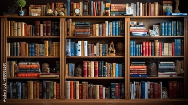 Fototapeta A traditional wooden bookcase houses an assortment of books, curios, and plants, creating a scholarly yet cozy corner