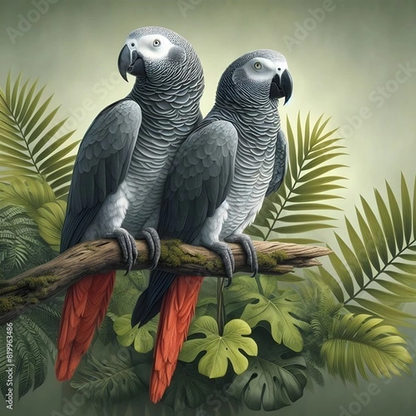 Fototapeta Two gray parrots on a branch