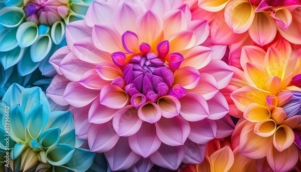 Fototapeta closeup view of vibrant and colorful dahlia petals in full bloom showing nature artistry and beauty.