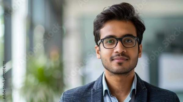 Fototapeta A young man with a beard and glasses wearing a blue jacket smiling at the camera in an indoor setting with blurred background.