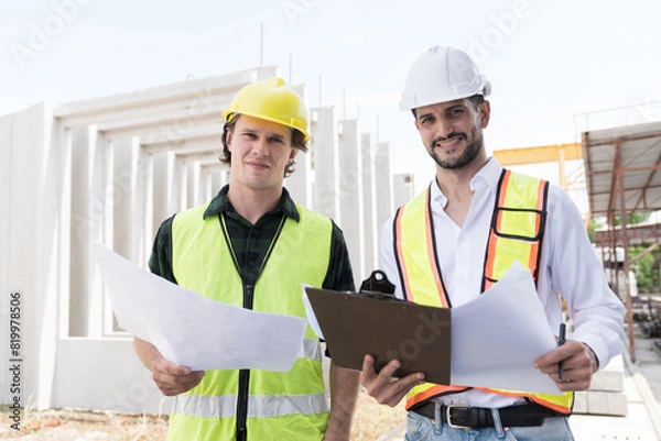 Fototapeta Team of male engineer construction working and inspecting structure of building at construction site. Two male construction builder working at construction site