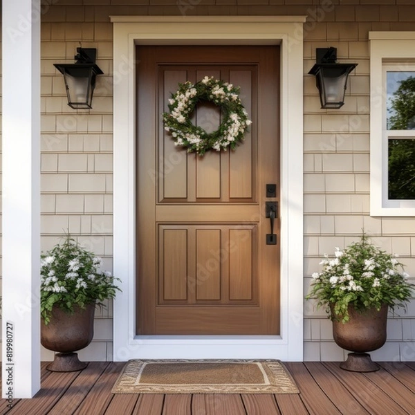 Fototapeta Residential home, vintage entrance wood solid door with the windows on sides and overhead. High quality photo