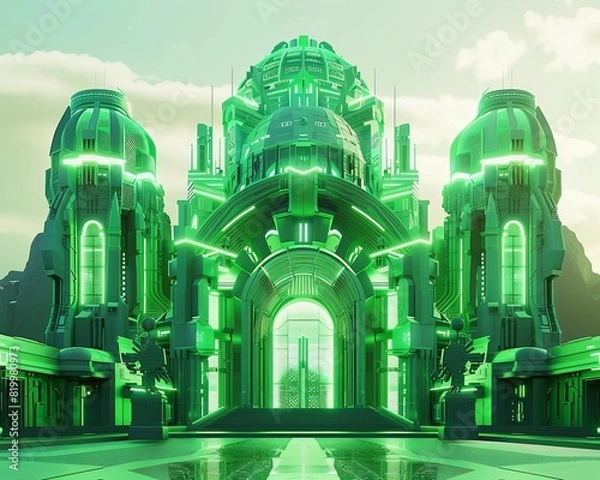 Obraz An illustration of a green crystal palace with a large gate in the center.