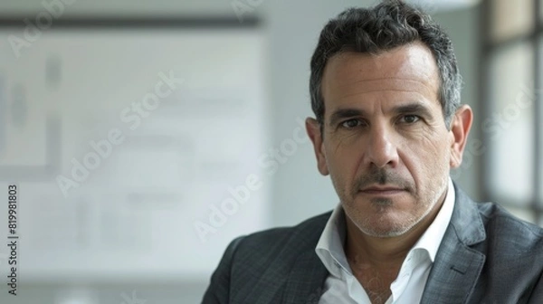Fototapeta A man with a serious expression wearing a suit and tie sitting in an office with a blurred whiteboard in the background.