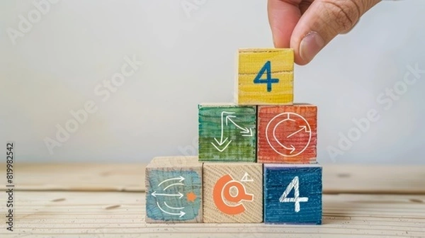 Fototapeta A sketch illustration of a hand placing a wooden block labeled 4 on top of a stack of blocks arranged in ascending order The blocks feature handdrawn arrows and targets