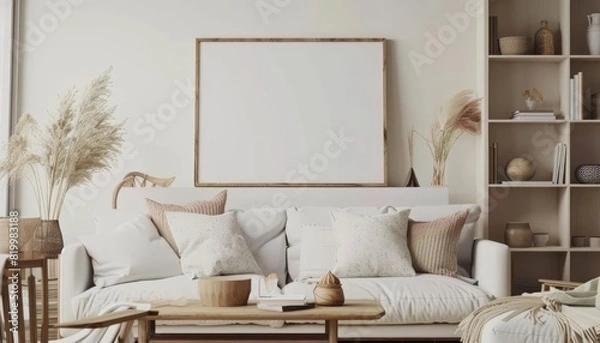 Fototapeta A stylish blank podium showcase in a living room setting with a white sofa and plush pillows The podium is in the center
