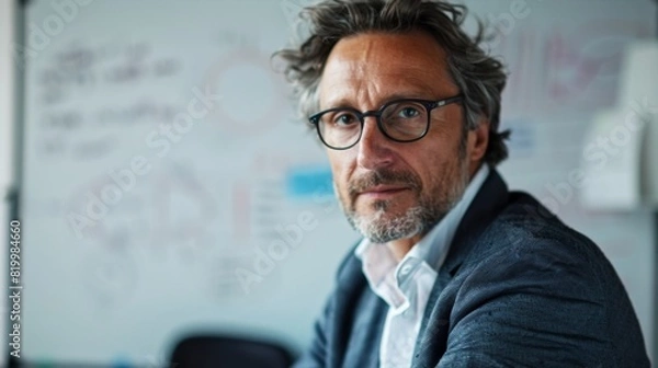 Fototapeta A man with gray hair and a beard wearing glasses and a suit sitting in an office with a whiteboard in the background.