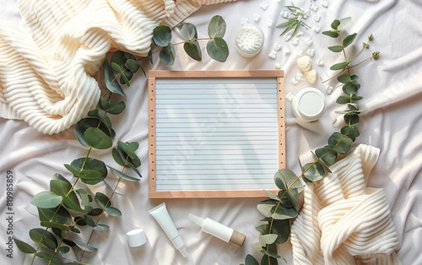 Obraz Experience the digital charm of a pregnancy announcement gathering from above, featuring an empty letterboard as the focal point, 