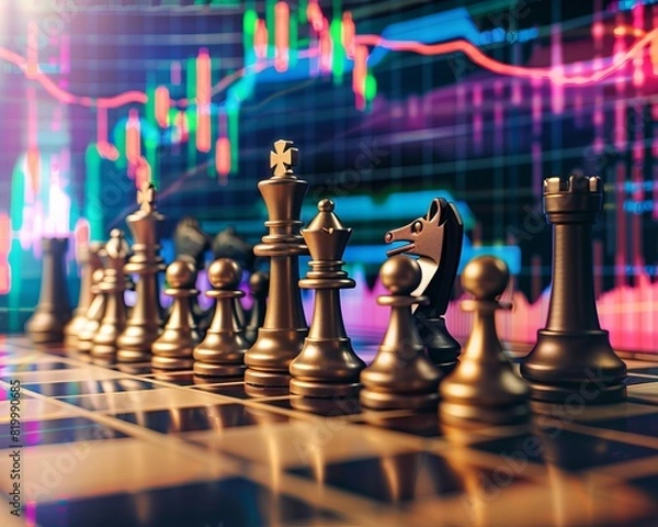 Fototapeta  In the confluence of chess and finance, a board set against a stock graph background vibrates with the sound of thunderclaps