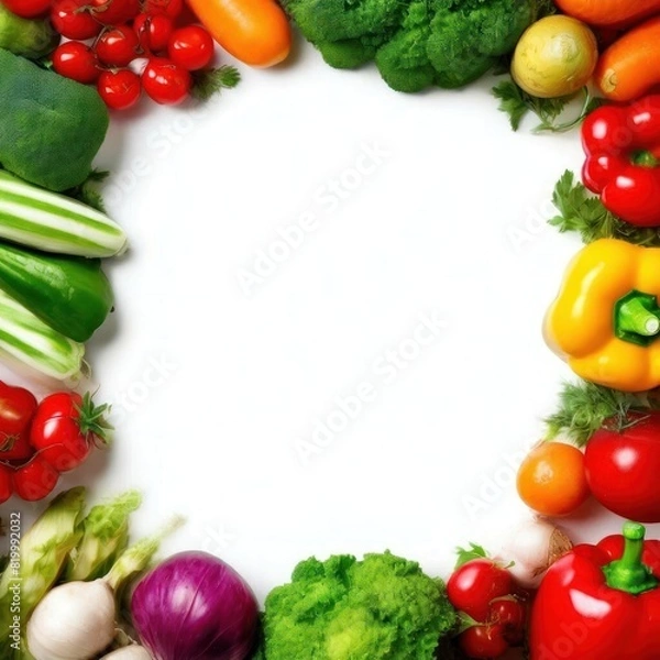 Fototapeta A frame made of fresh vegetables and on a white background. Design, place for text. AI