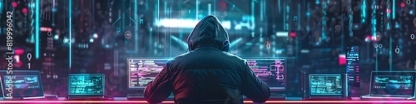 Obraz Hooded hacker from behind laptop cyber attacks