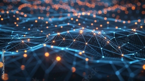 Fototapeta Detailed view of a  hologram displaying a worldwide distribution system, connecting various pathways and points