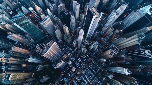 Fototapeta A bird's-eye view of a sprawling cityscape at twilight with urban downtown buildings densely packed