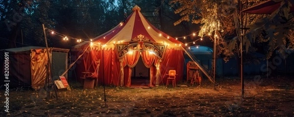 Obraz Old mysterious circus tent at night a Bible among retro costumes and props