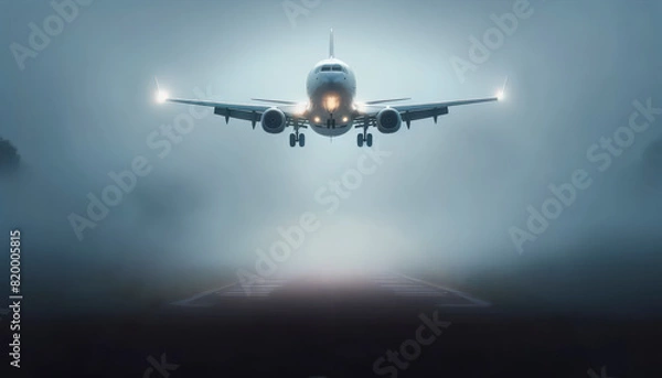 Fototapeta Airplane Landing in Foggy Conditions, Created with Generative AI Technology