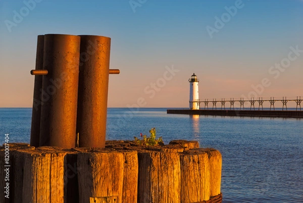 Obraz Mooring dolphin, lighthouse, and pier at sunrise
