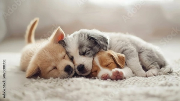 Fototapeta Cat and dog sleeping together. Kitten and puppy taking nap. Love and friendship. generative ai