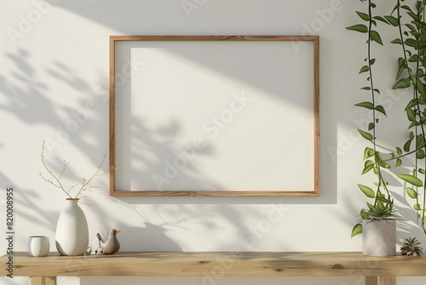 Fototapeta Small horizontal wooden frame mockup in scandi style interior with trailing green plant in pot bird and shelf on empty neutral white wall background. A4 A3 format. 3d rendering illustration