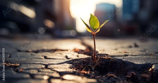 Fototapeta The ordinary in the extraordinary: a green growing plant sprouts through rough asphalt, reminding us of nature's strength and adaptability.