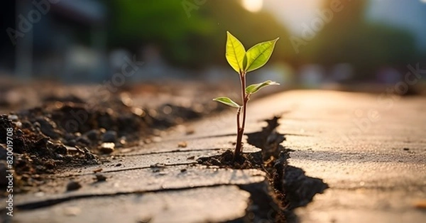 Fototapeta Life in an unexpected place: a green shoot sprouts through the asphalt, as if symbolizing will and endurance.