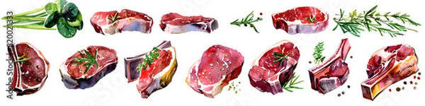 Fototapeta A vibrant collection showcasing various cuts of raw meat with herbs and spices, ideal for culinary themes or menu designs