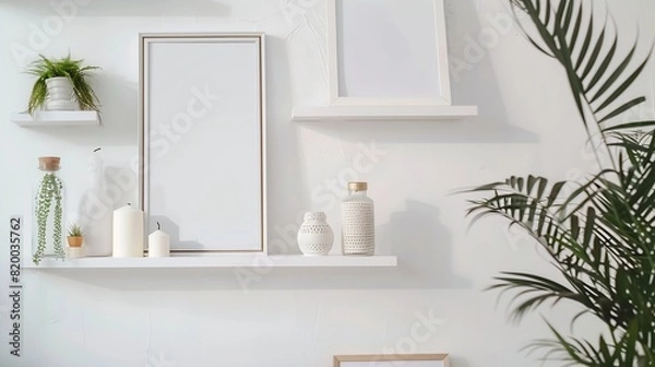 Fototapeta Aesthetic modern minimalist Scandinavian home interior decorations Elegant bohemian living room with white wall shelves with candle picture frame storage box bottle vase fragrance : Generative AI