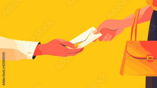 Fototapeta A person's hand holding an envelope. The other person is holding a bag with one hand and receiving the envelope with the other hand.