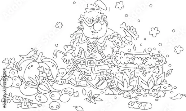 Fototapeta Angry cruel ogre cooking tasty soup from fresh vegetables and bones in his big cauldron on fire in a hearth of a cave, black and white outline vector cartoon illustration for a coloring book