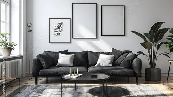 Fototapeta Modern living room, Scandinavian minimalist: White walls, light wooden floors, black fabric sofa, throw pillows, wall art