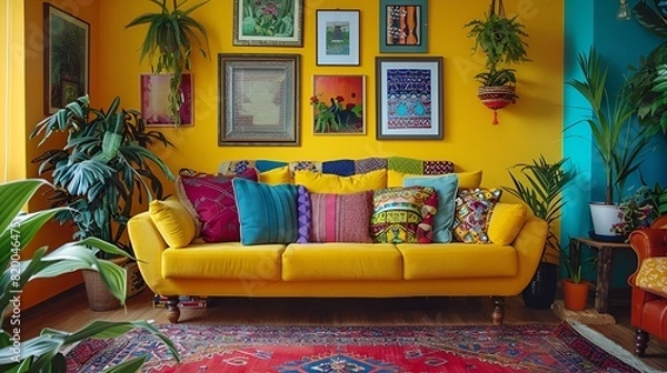 Fototapeta Modern living room, colorful boho: Boldly colored walls, patterned furniture, vibrant rug, colorful throw pillows, art pieces, plants