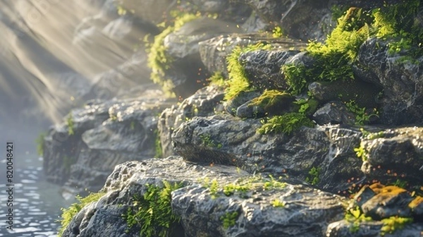 Fototapeta Wide shot of a rocky cliffside, sunlit, with moss and small plants growing in crevices, high contrast and detailed textures