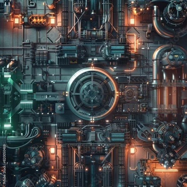 Fototapeta Showcase engineers optimizing material use for energy savings, engineering theme, top view, emphasizing efficiency, cybernetic tone, Complementary Color Scheme