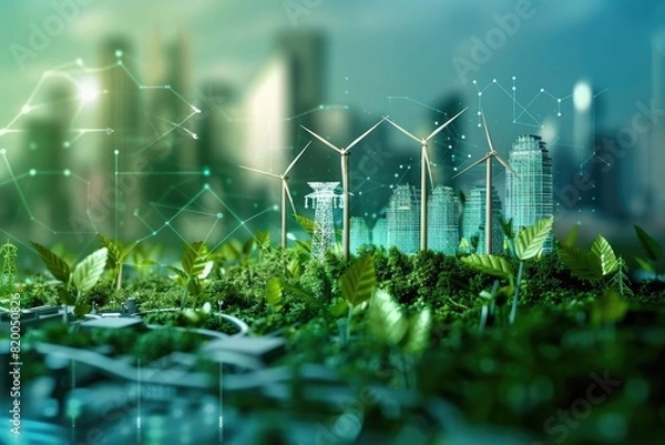 Obraz Visualize a cost analysis for sustainable engineering solutions, sustainability theme, side view, emphasizing eco-friendly economics, futuristic tone, Complementary Color Scheme