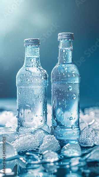 Obraz a frosty scene with a blue-tinted bottle and a misty clear bottle, both beaded with condensation and nestled among ice on a cool blue surface