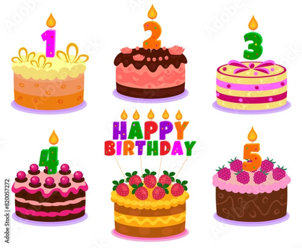 Fototapeta Birthday cakes set with candles and numbers for 1, 2, 3, 4, 5 years, vector. Happy birthday candle.