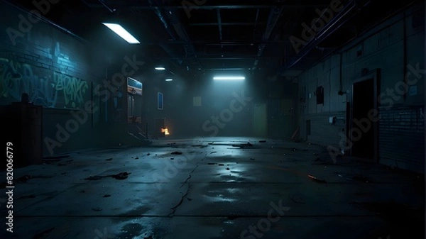 Fototapeta A pitch-black, deserted street, a deep blue backdrop, a dimly lit, vacant landscape, neon lights, and spotlights The studio space with smoke floating up the inside texturing and the asphalt floor.