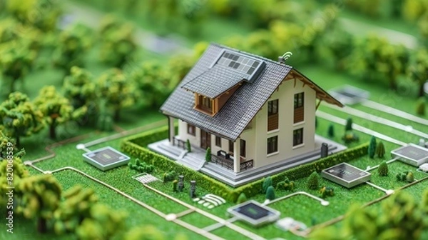 Fototapeta Dynamic background electric currents with family setting up home energy management system, Miniature smart home model with solar panels devices, renewable energy, smart technology, detailed design.