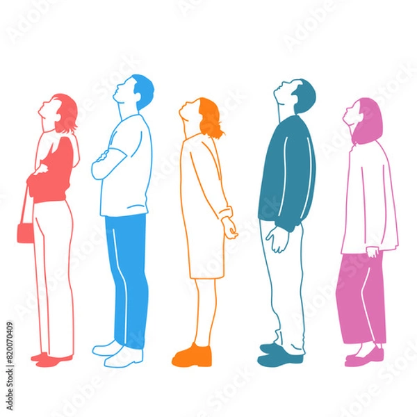 Fototapeta Group of men, women and teenagers standing, profile, looking up, different colors, cartoon character, silhouettes of standing people, flat icon design concept, hand drawn vector illustration isolated 