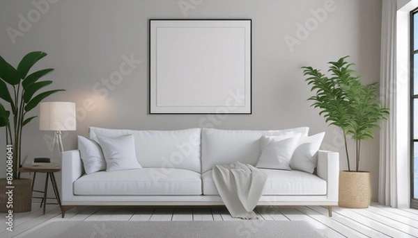 Fototapeta Mockup poster frame on the wall, a white sofa in Scandinavian Livingroom.