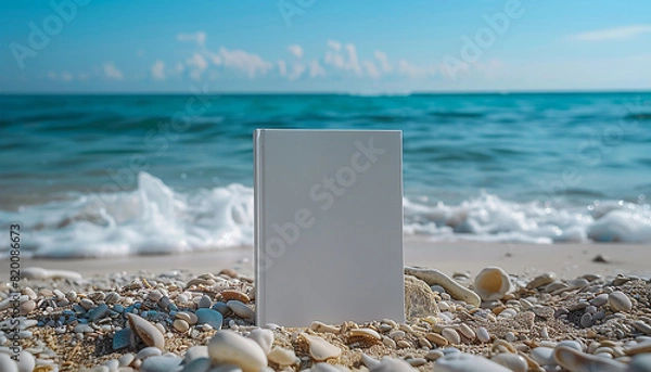 Fototapeta Empty book mockup on sandy beach generated.AI