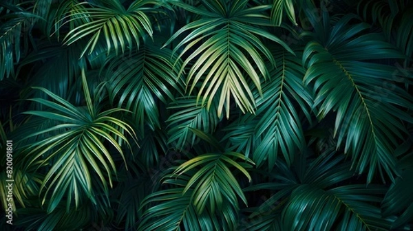 Fototapeta tropical palm leaf and shadow, abstract natural green background, dark tone textures